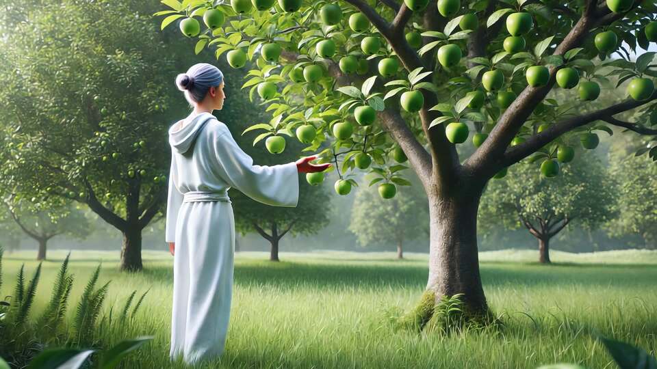Donna in abito bianco ammira un albero di mele