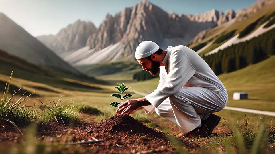 Man Planting a Sapling in Mountain Landscape