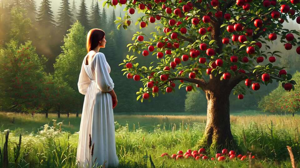 Woman Standing by a Lush Apple Tree with Red Apples