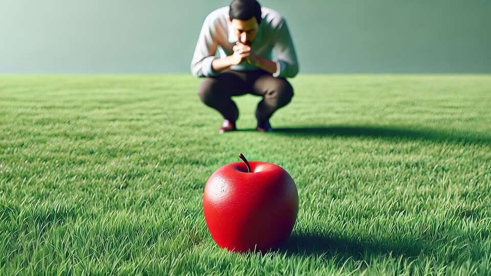 Man Contemplating a Red Apple on Grass