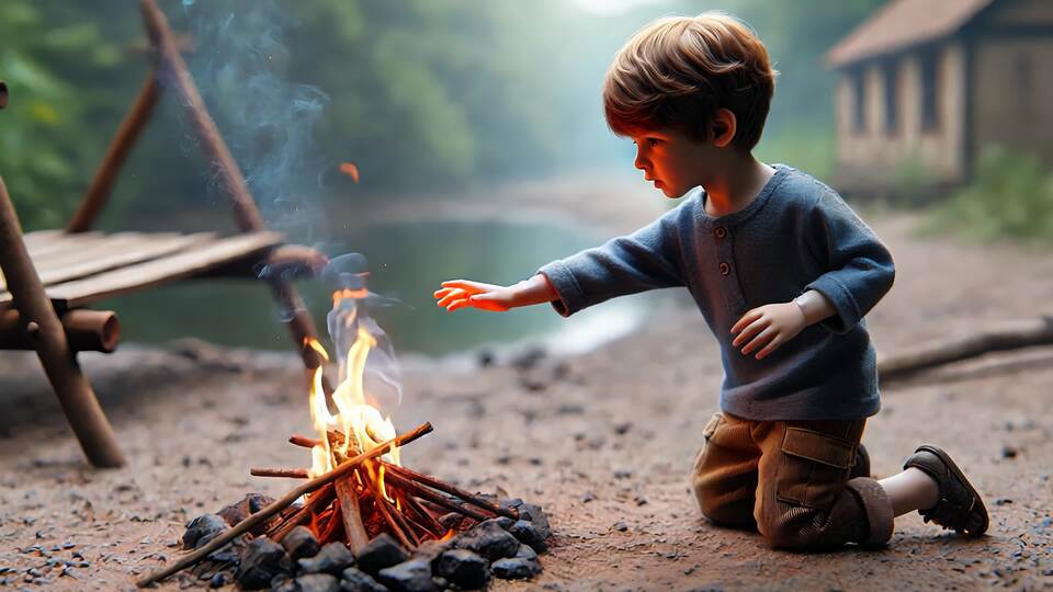 Bambino curioso che si avvicina al fuoco da campo