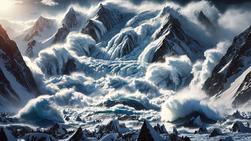 Massive Avalanche Cascading Down Snow-Covered Mountains