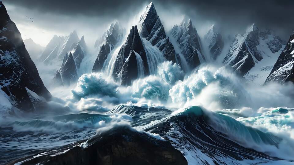 Mare tempestoso che si infrange su montagne frastagliate