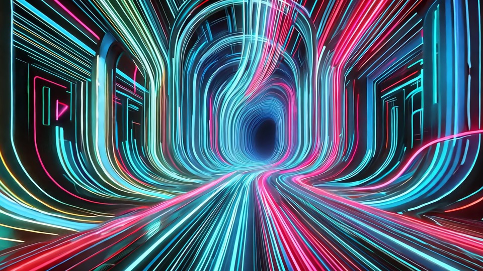 Tunnel futuristico al neon con scie luminose a spirale