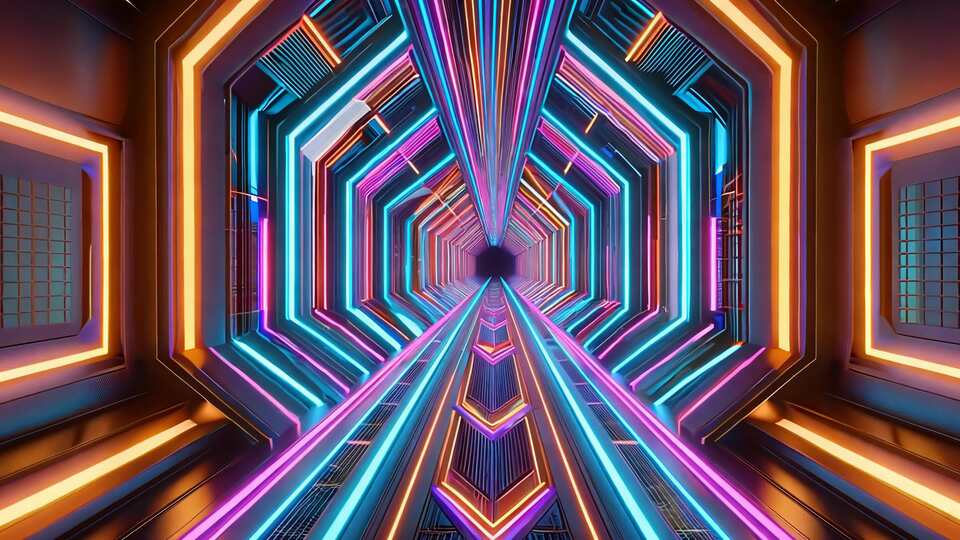 Tunnel esagonale al neon con motivi di luce geometrici