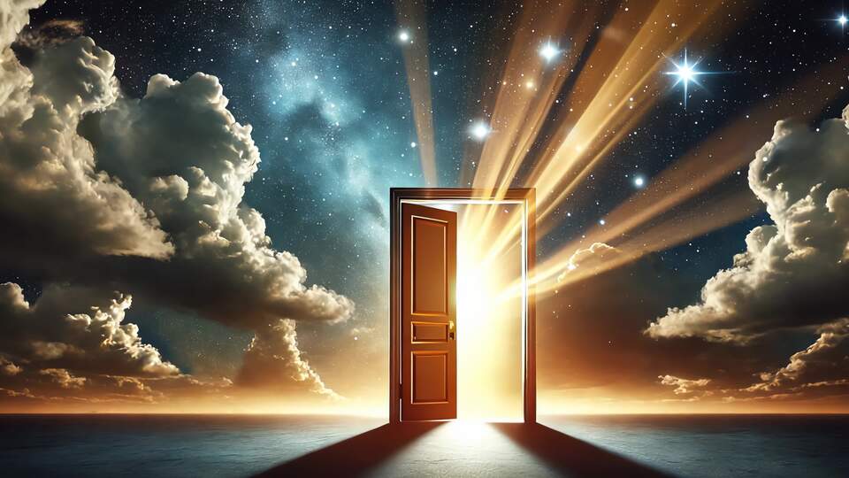 Porta aperta su un cielo stellato con raggi di luce