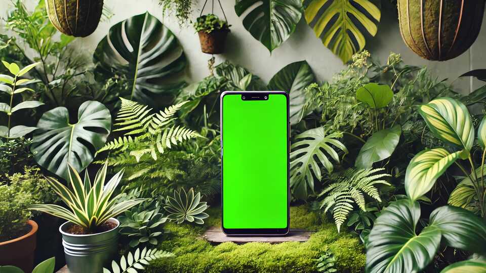 Smartphone con schermo verde in ambiente di piante tropicali