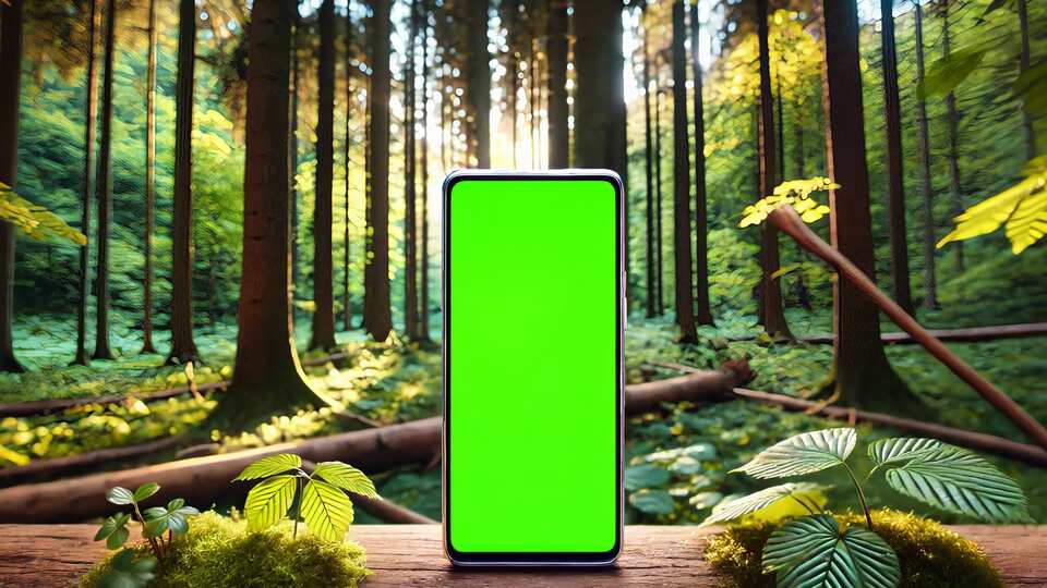 Smartphone con schermo verde in foresta illuminata dal sole