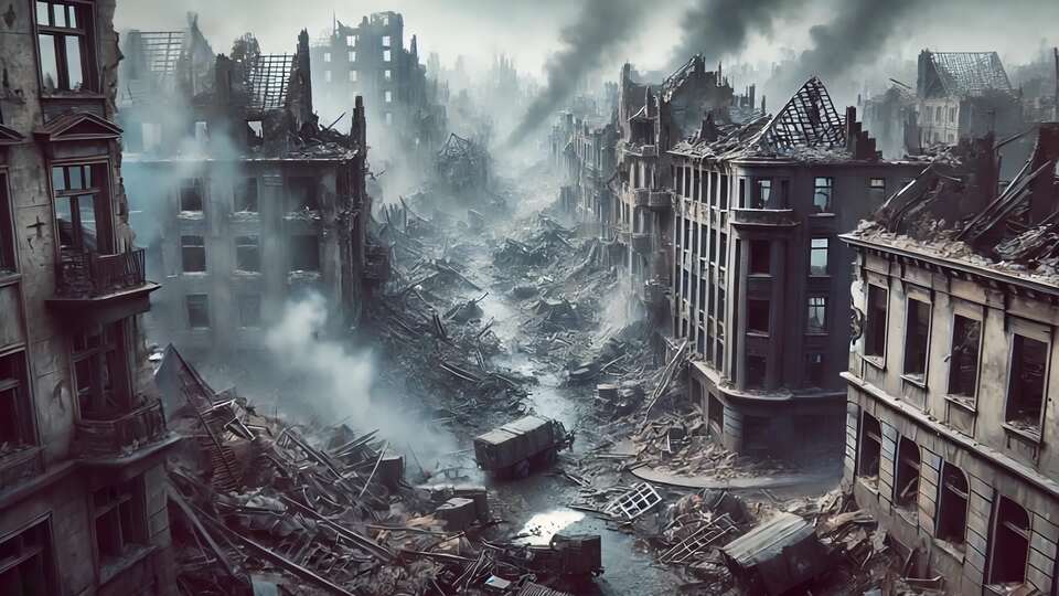 War-Torn Cityscape with Ruined Buildings