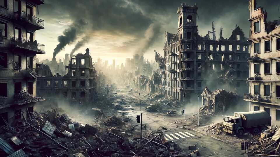 Destroyed City with Smoking Ruins and Abandoned Vehicles