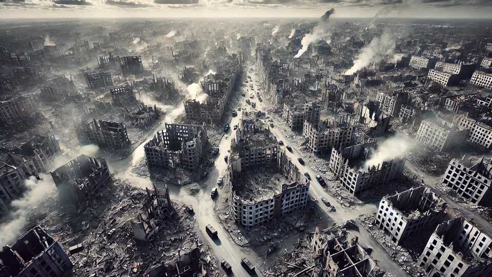Vast Desolated City in Ruins with Smoking Buildings