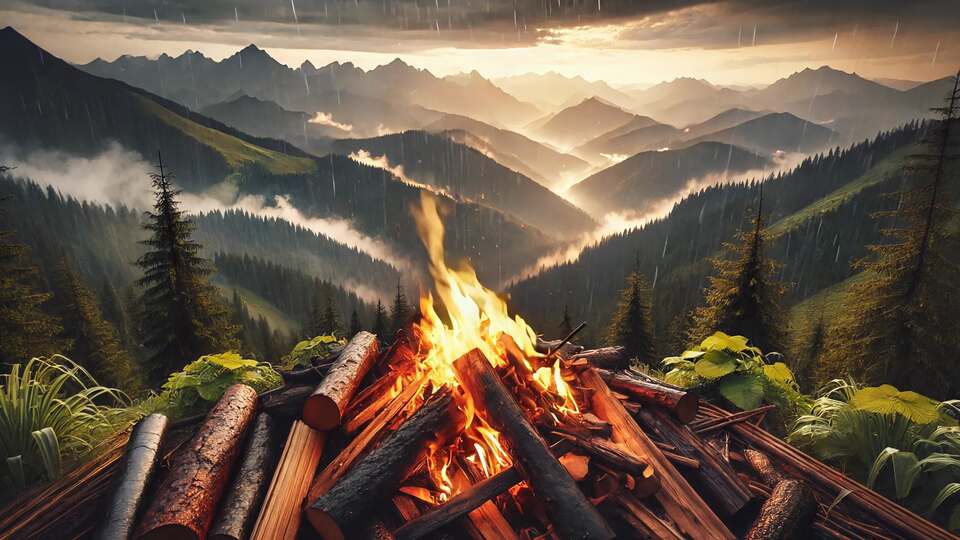 Falò Acceso in un Paesaggio di Montagna Piovoso