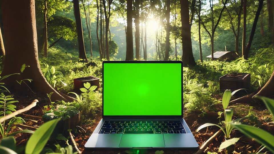 Laptop con Schermo Verde in una Foresta Illuminata dal Sole