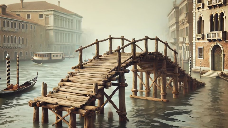 Rustic Wooden Bridge Over Venetian Canal in Misty Morning