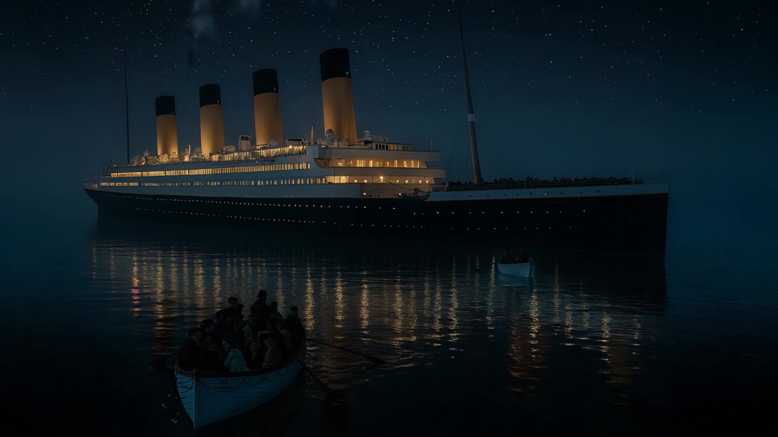 Titanic e scialuppe piene di passeggeri nella notte stellata