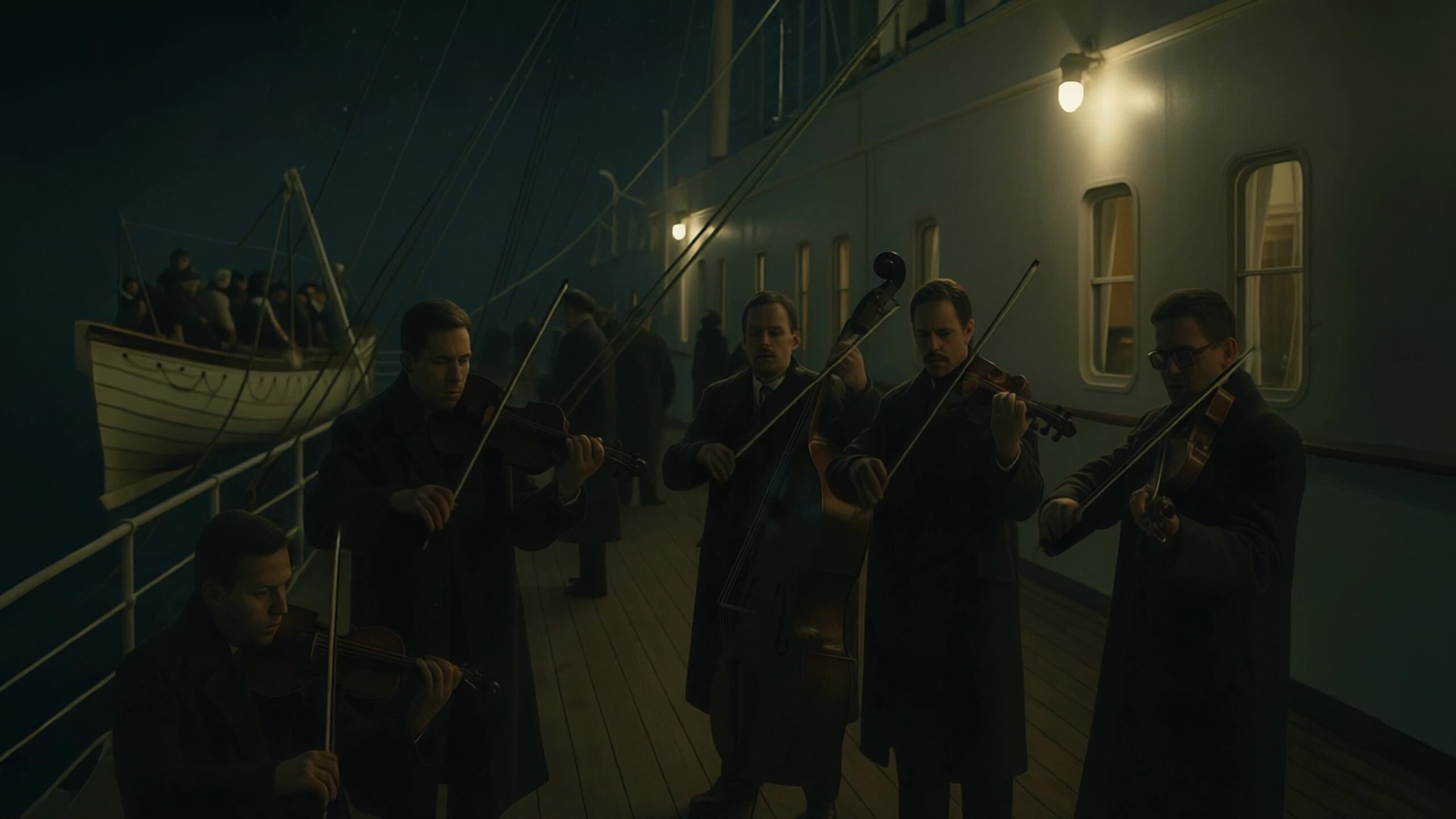 Orchestra che suona sul ponte mentre le scialuppe partono