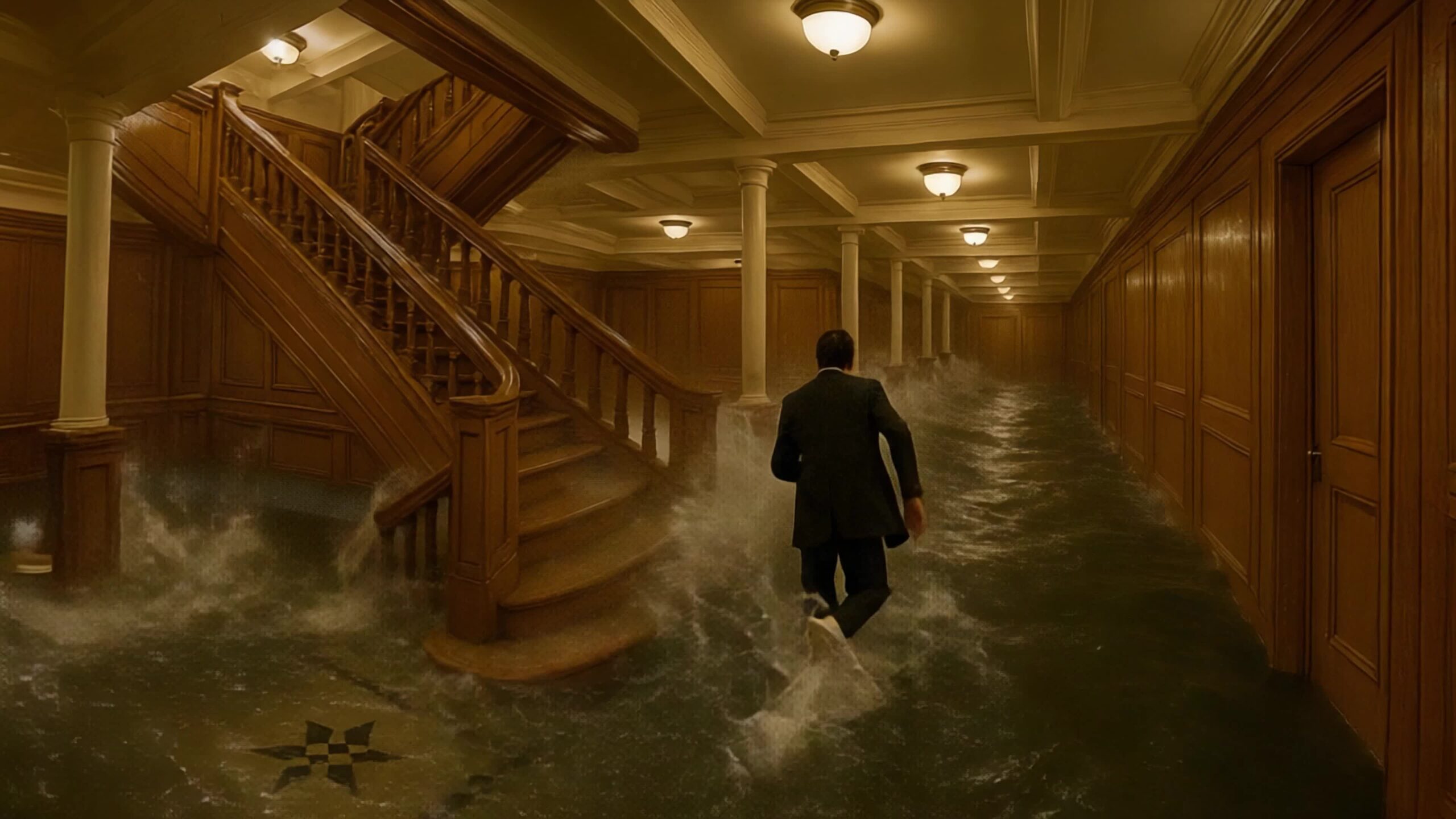 Man Running in a Flooded Corridor Toward the Grand Staircase