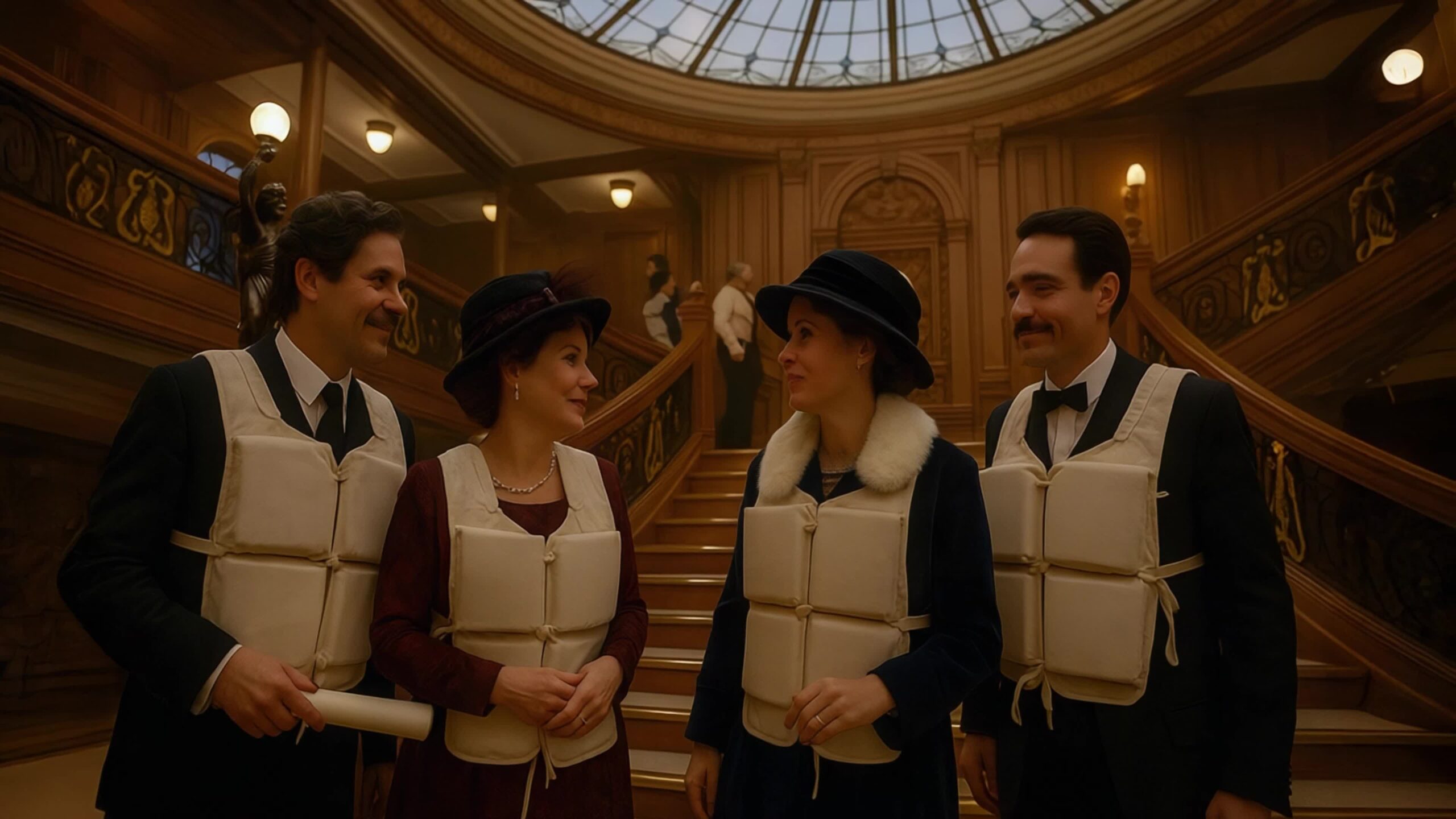 Passengers Wearing Life Jackets on Titanic’s Grand Staircase