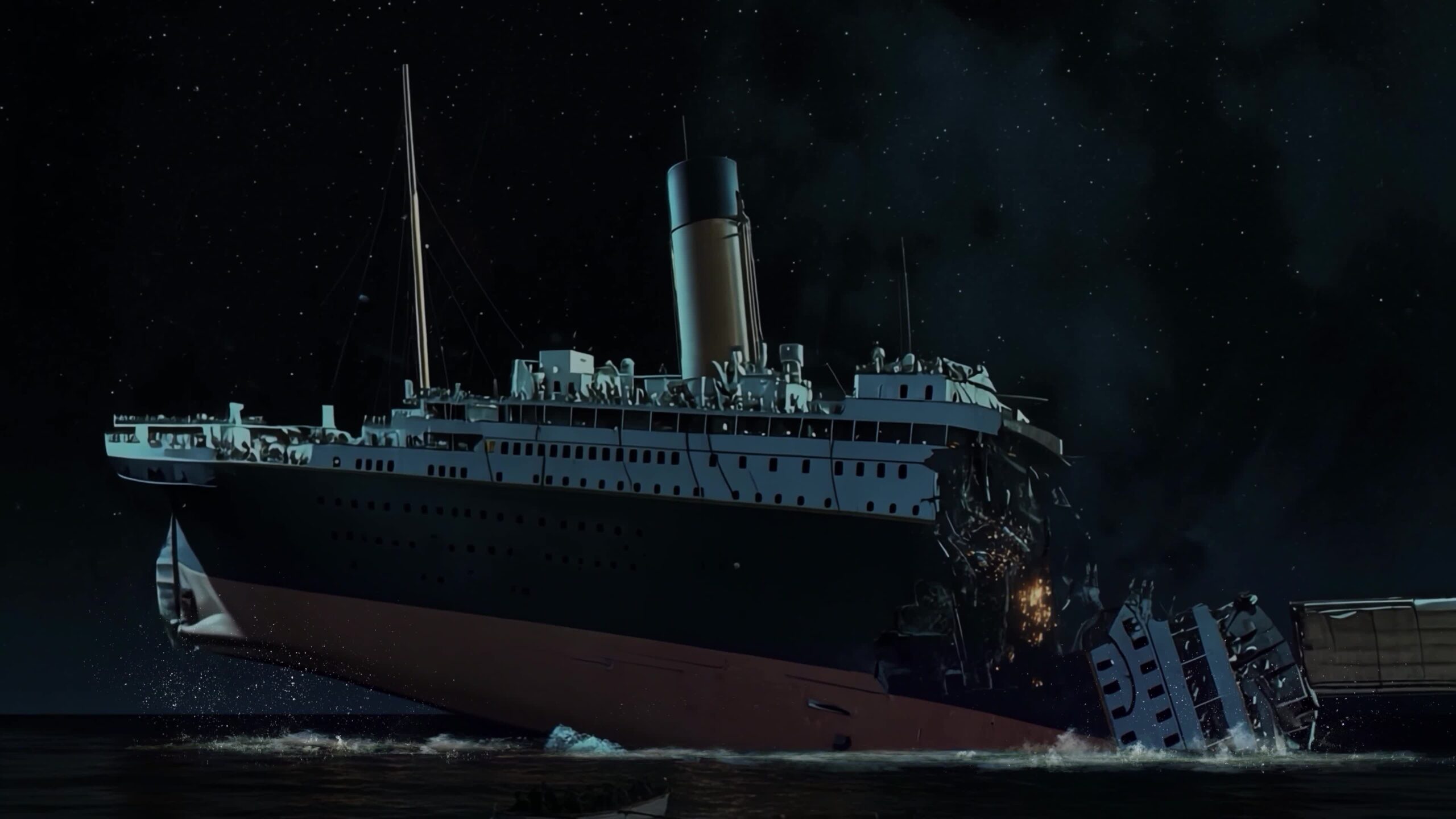 The Titanic broken in two while sinking into the ocean