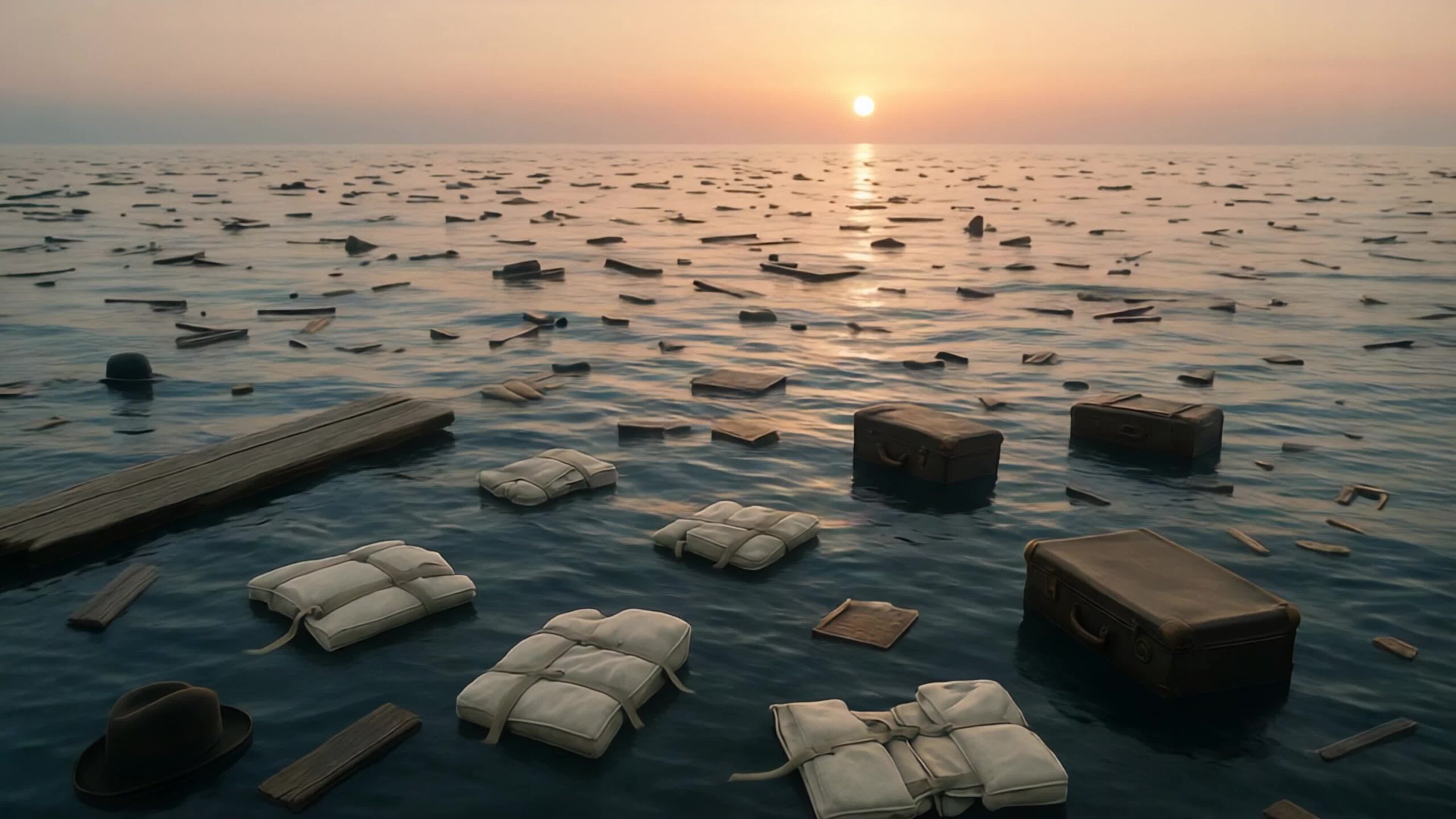 Titanic Wreckage and Life Jackets Floating at Sunrise