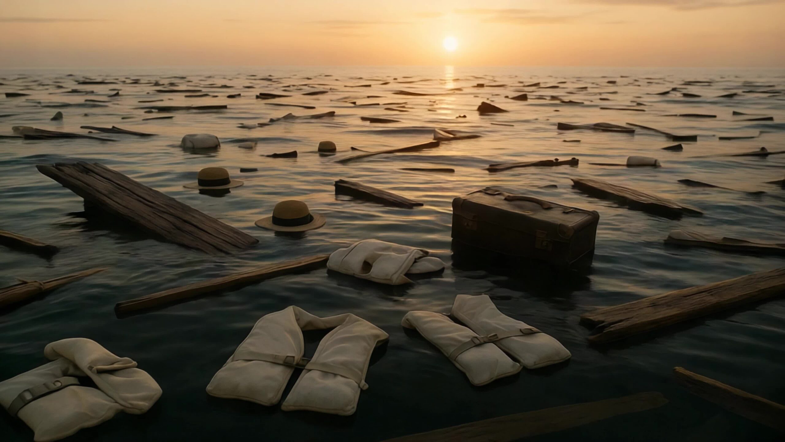 Titanic Wreckage and Life Jackets at Dawn After the Sinking