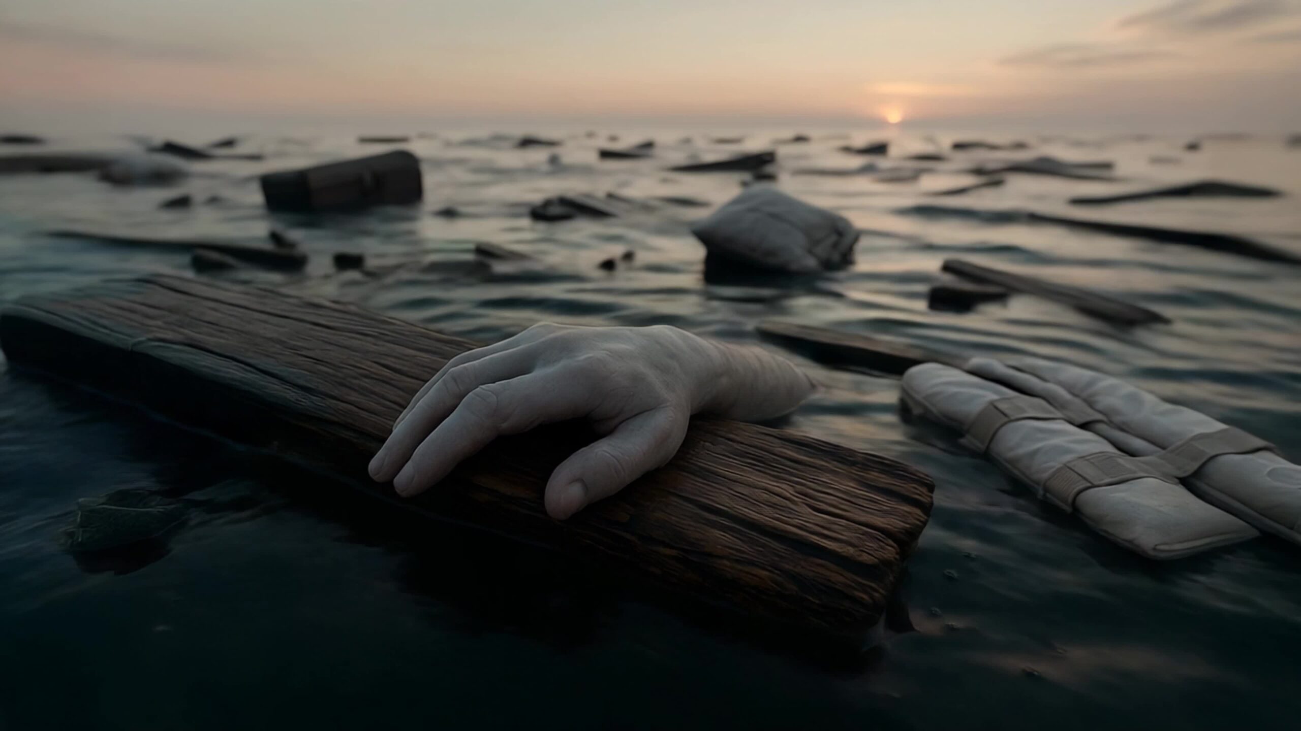 Frozen Hand Among Titanic Debris at Sunrise