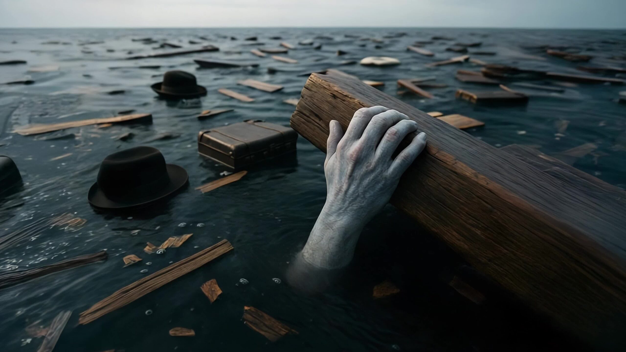 Frozen Hand Clinging to Titanic Wreckage Among Debris