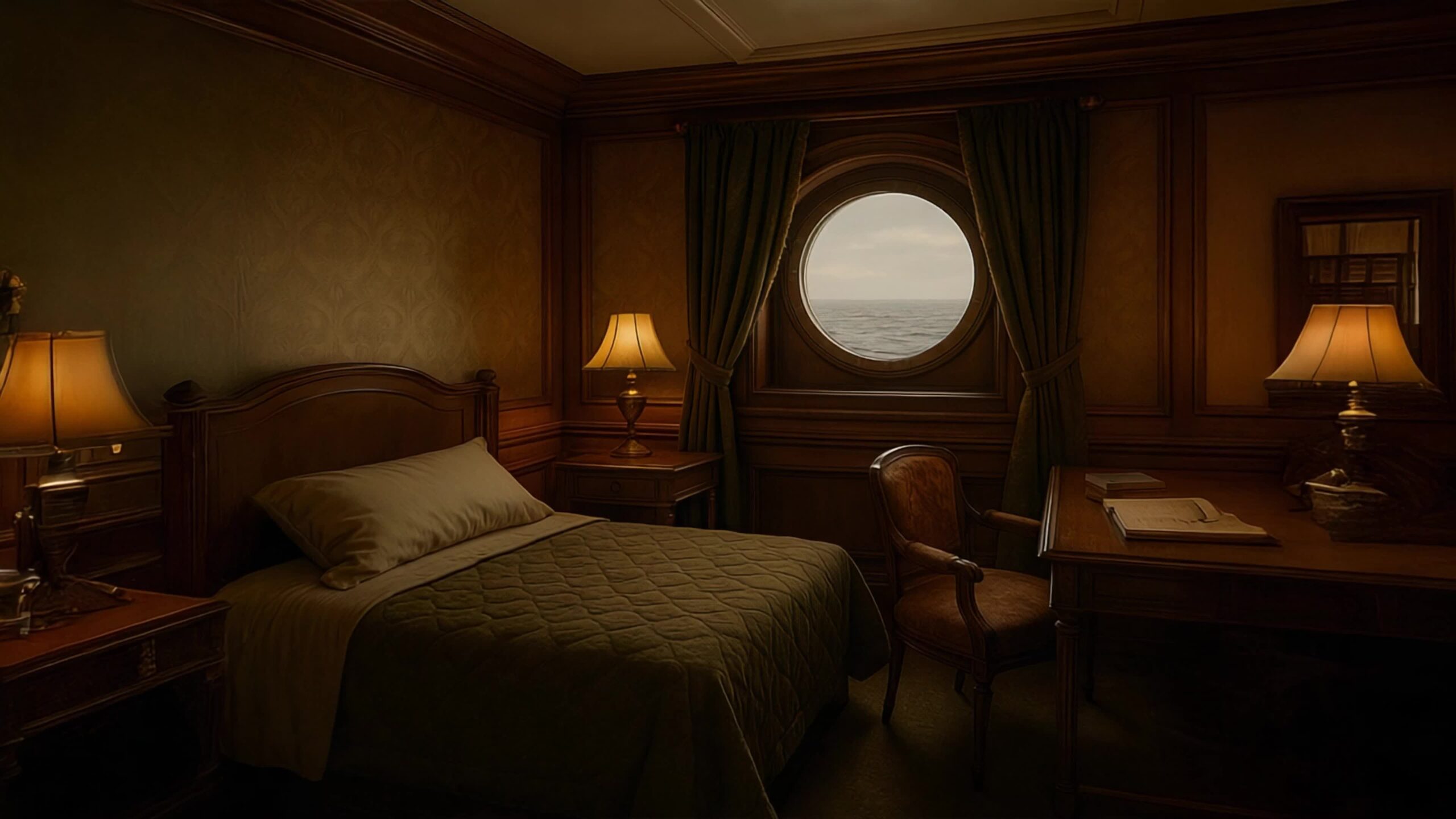 Cabina elegante del Titanic con vista sull’oceano