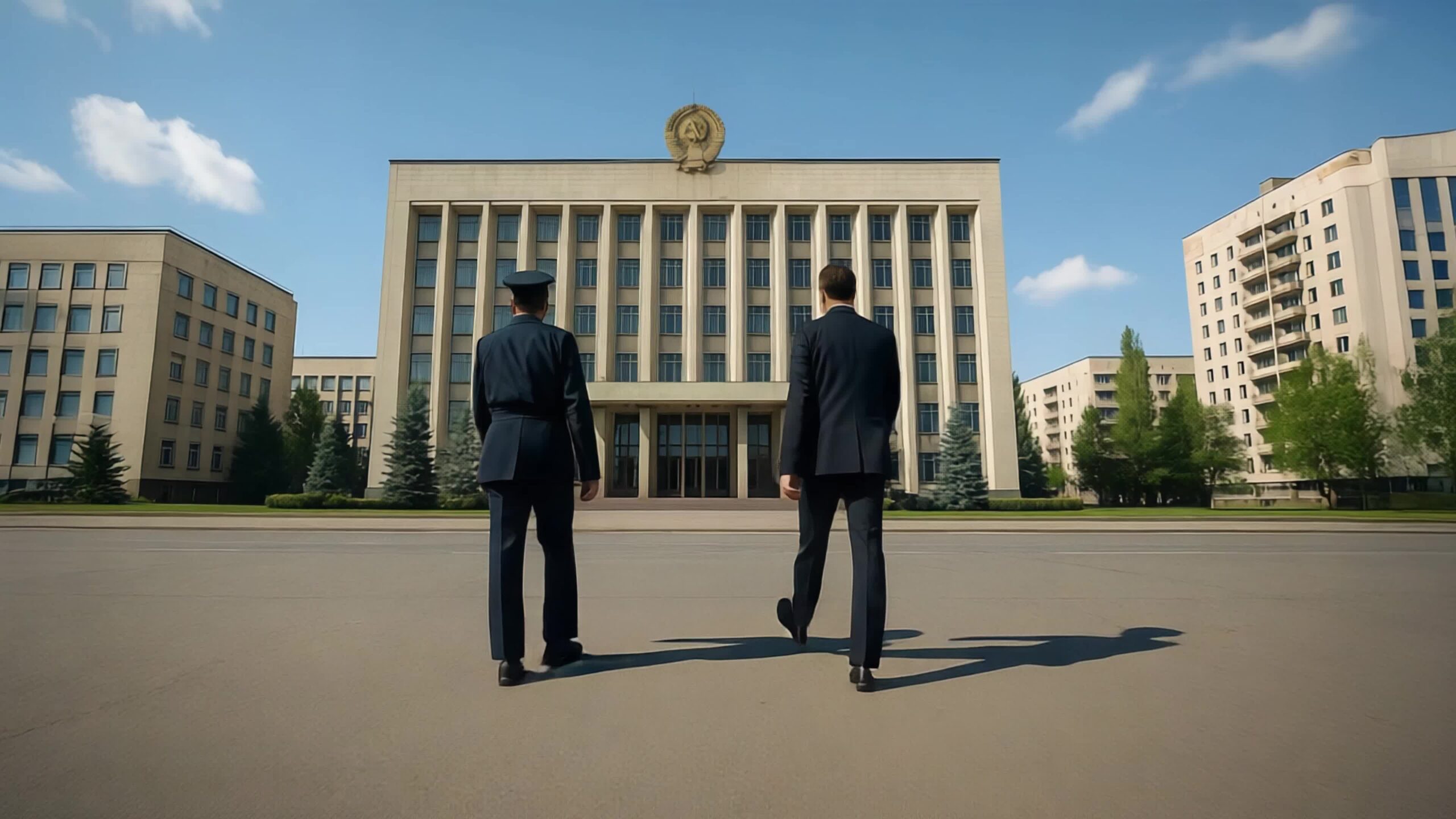 Funzionari sovietici davanti all’edificio governativo di Pripyat